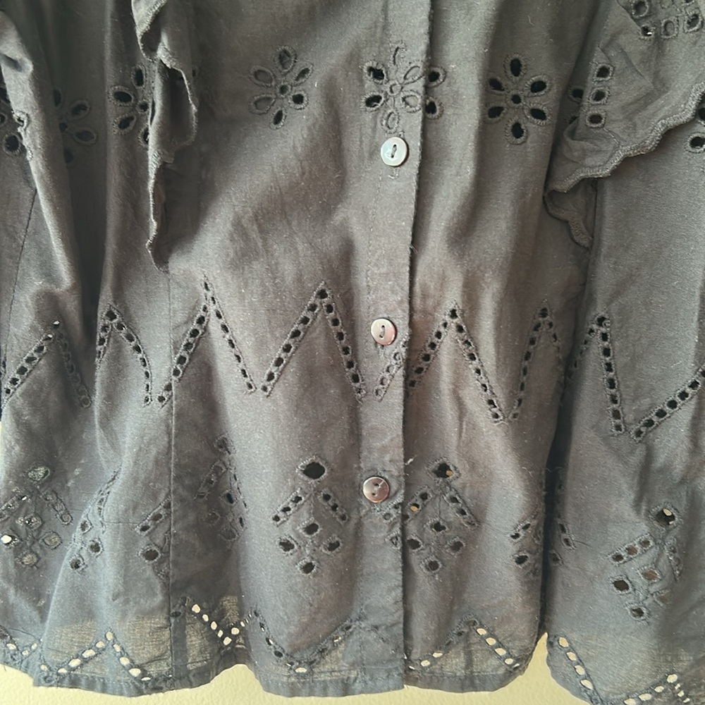 Rebellion Black Eyelet Puff Sleeve Button Front Top - Picture 6 of 8